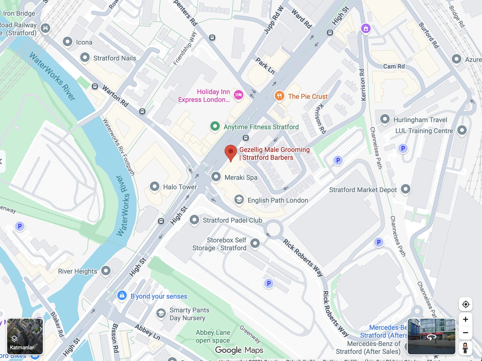 Google Maps view of 257 High Street, Stratford, showing Gezellig Male Grooming near Holiday Inn Express, Meraki Spa, Halo Tower and Stratford Padel Club
